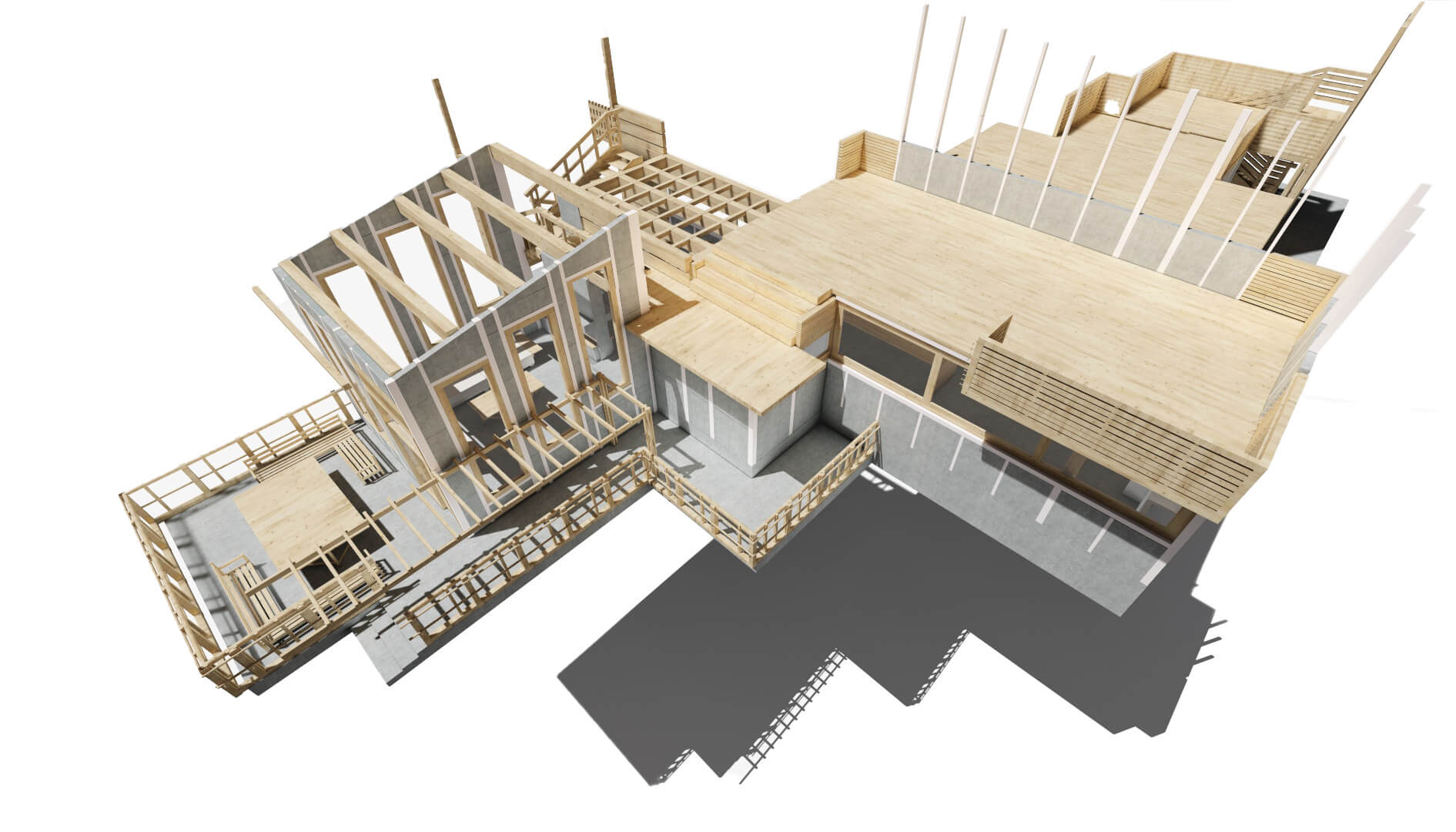 casa prefabricada con barandilla de madera