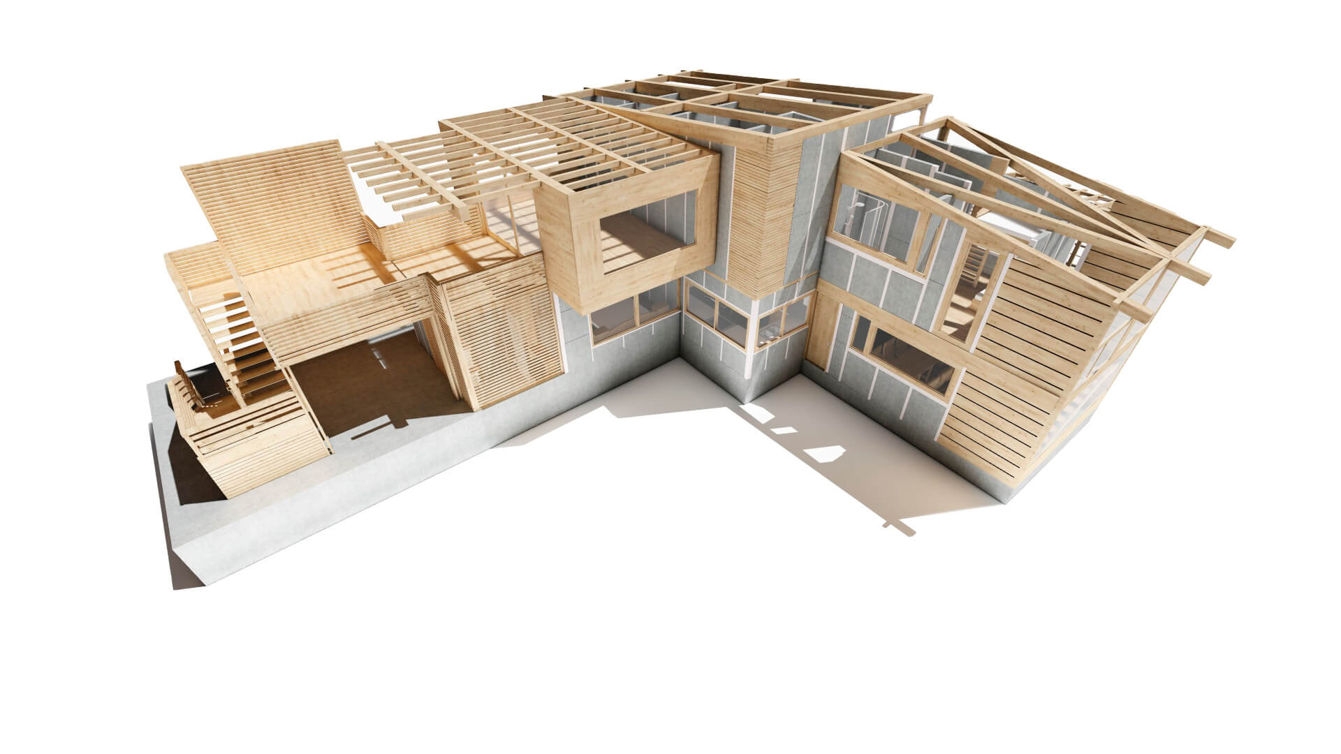 casa prefabricada con mezcla de techo plano e inclinado