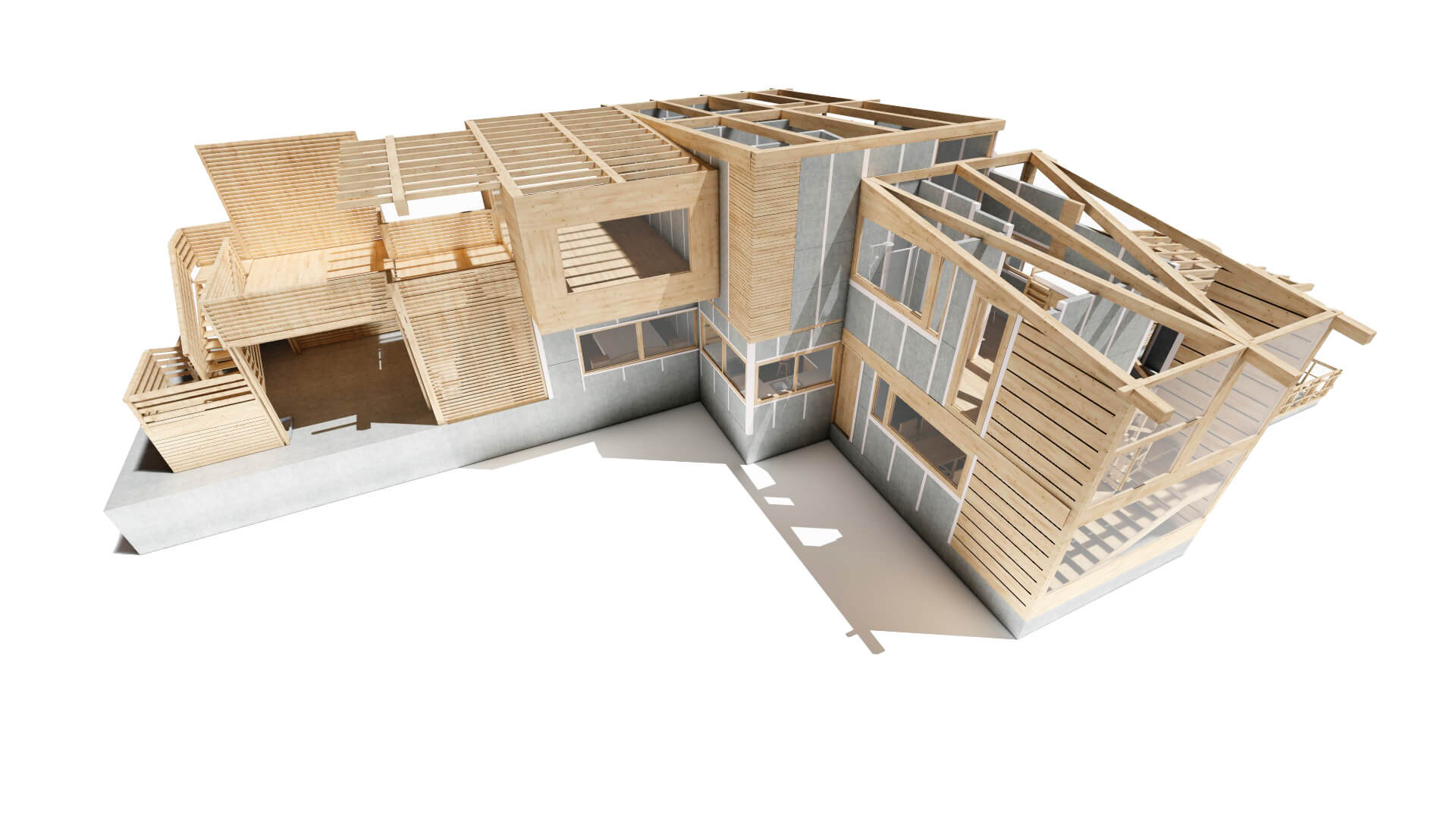 casa prefabricada con juego entre planta alta y baja
