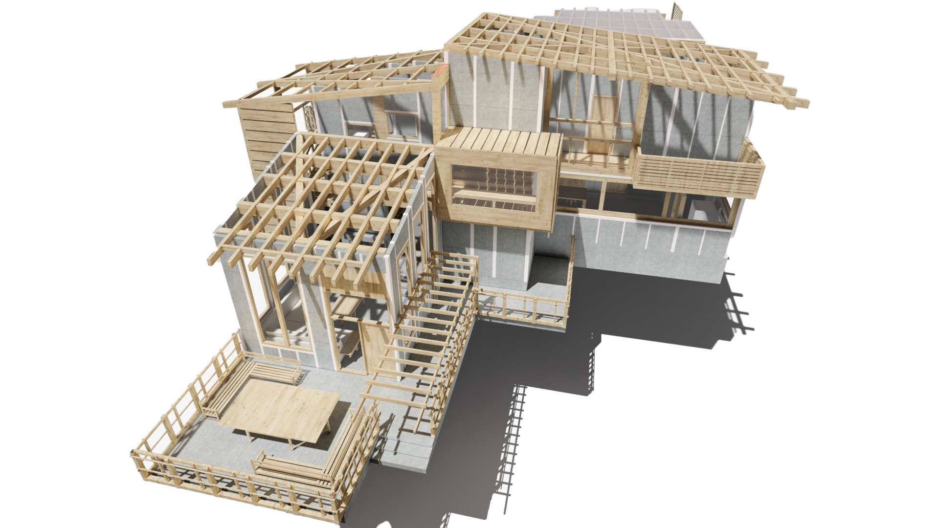 casa prefabricada con zona BBQ en madera
