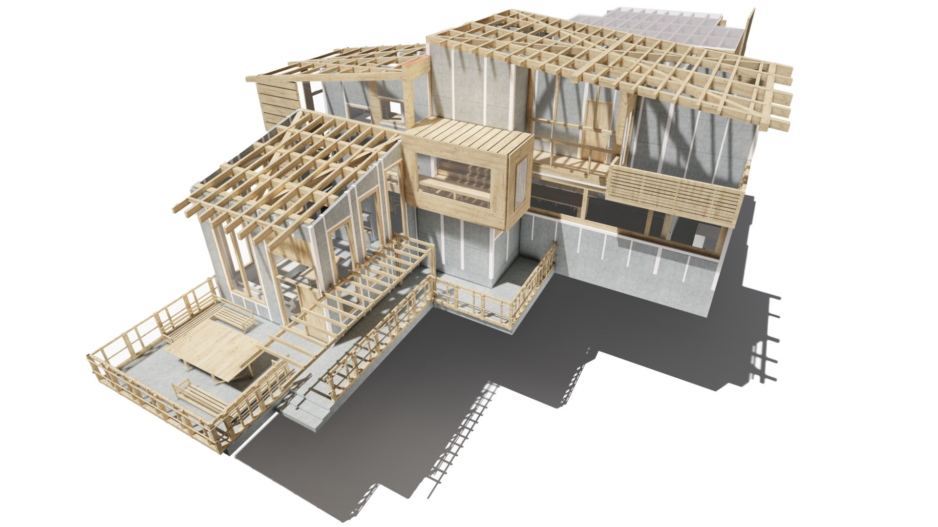 casa prefabricada con barandas en madera