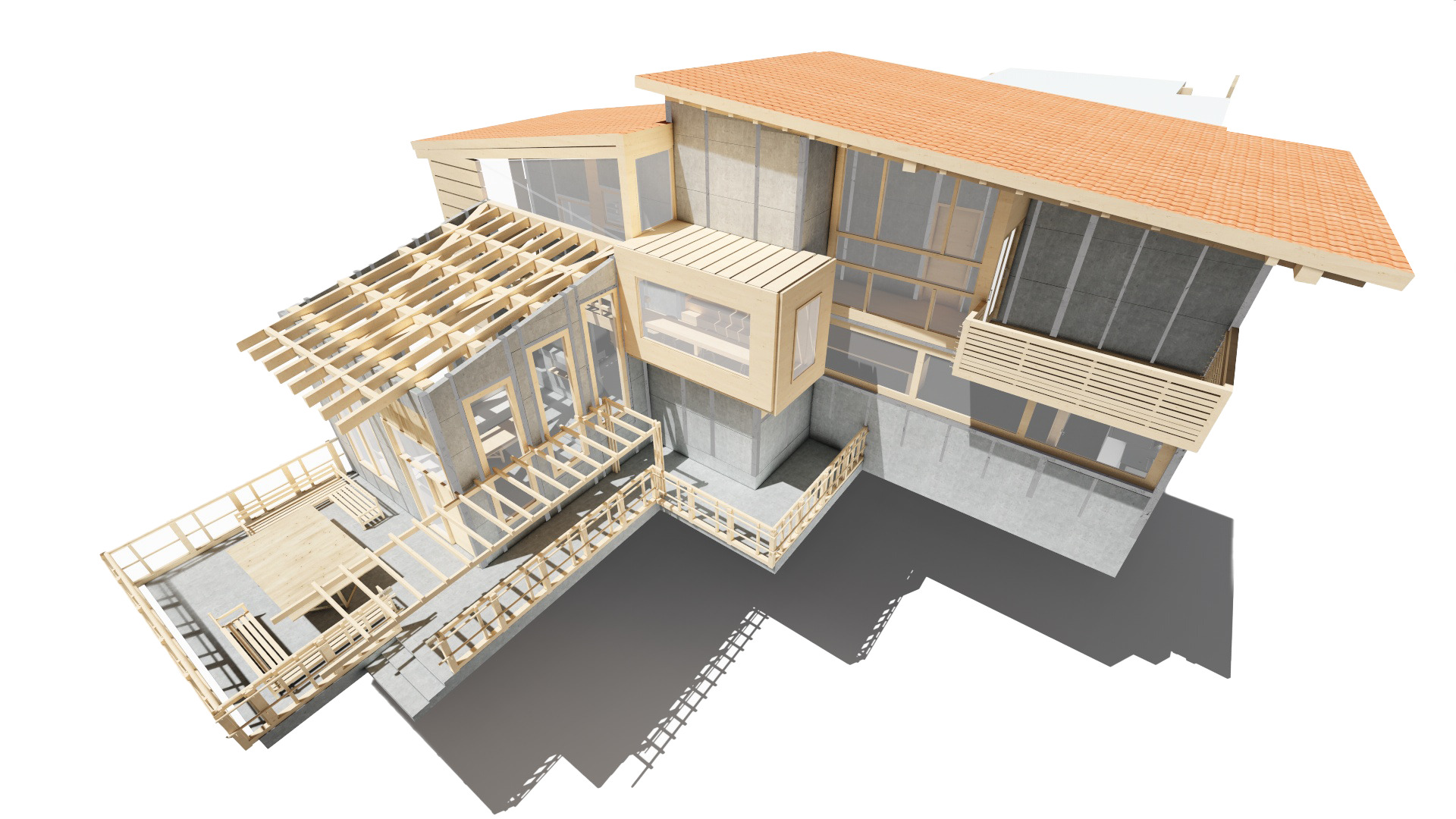 casa prefabricada con varias alturas de techo
